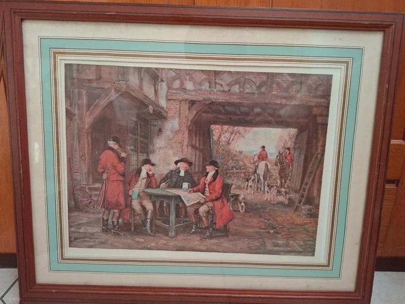 Framed English Hunting Scene Print, Huntsmen in Red Coats Gathered at a Country Inn with Hounds, Wood Frame, 51 × 41 cm