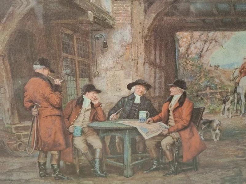 Framed English Hunting Scene Print, Huntsmen in Red Coats Gathered at a Country Inn with Hounds, Wood Frame, 51 × 41 cm