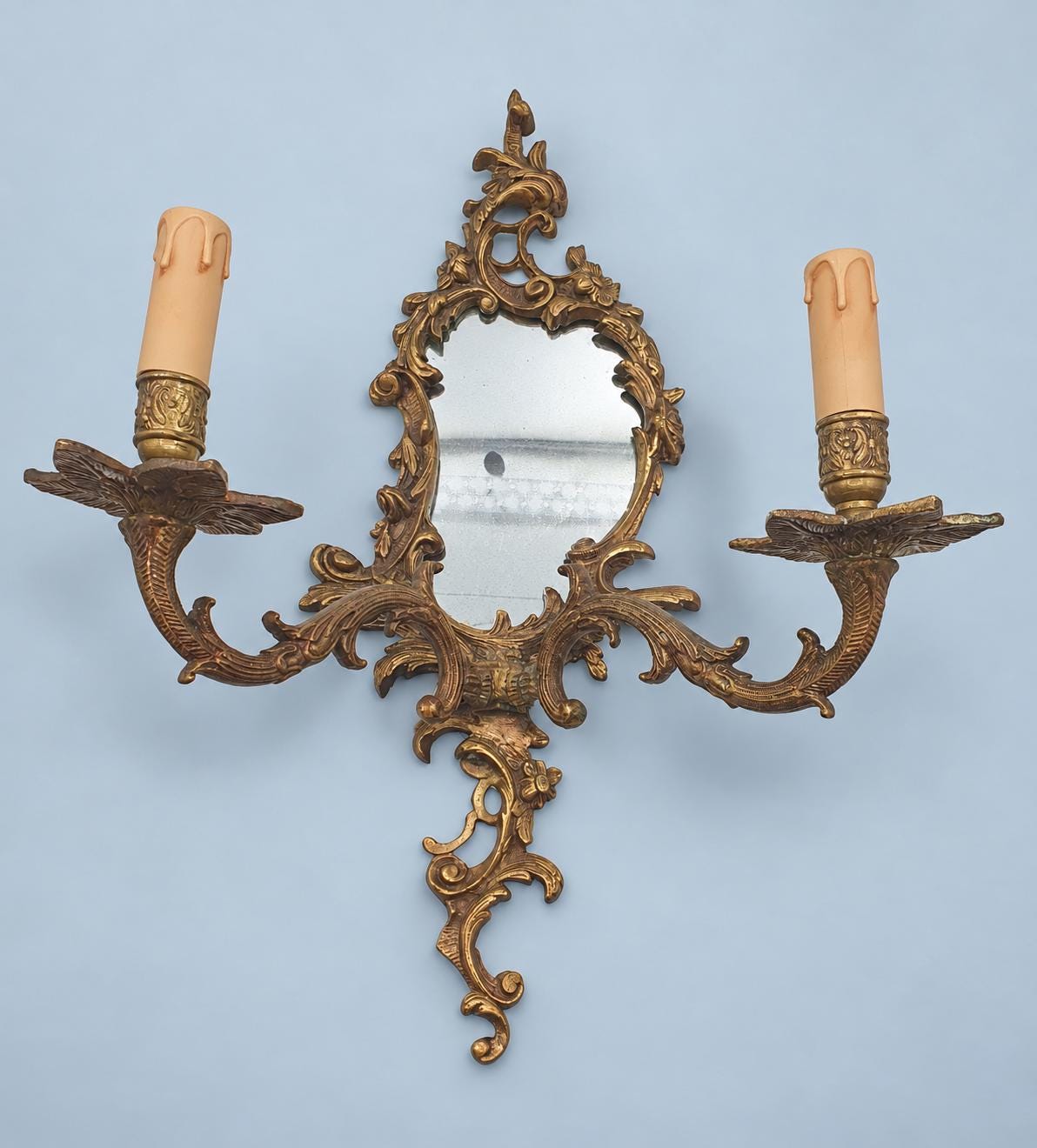 Vintage Louis XV Style Mirror Wall Sconce, Rocaille Frame with Small Mirror Plate, Two Candle Lights, 51 cm