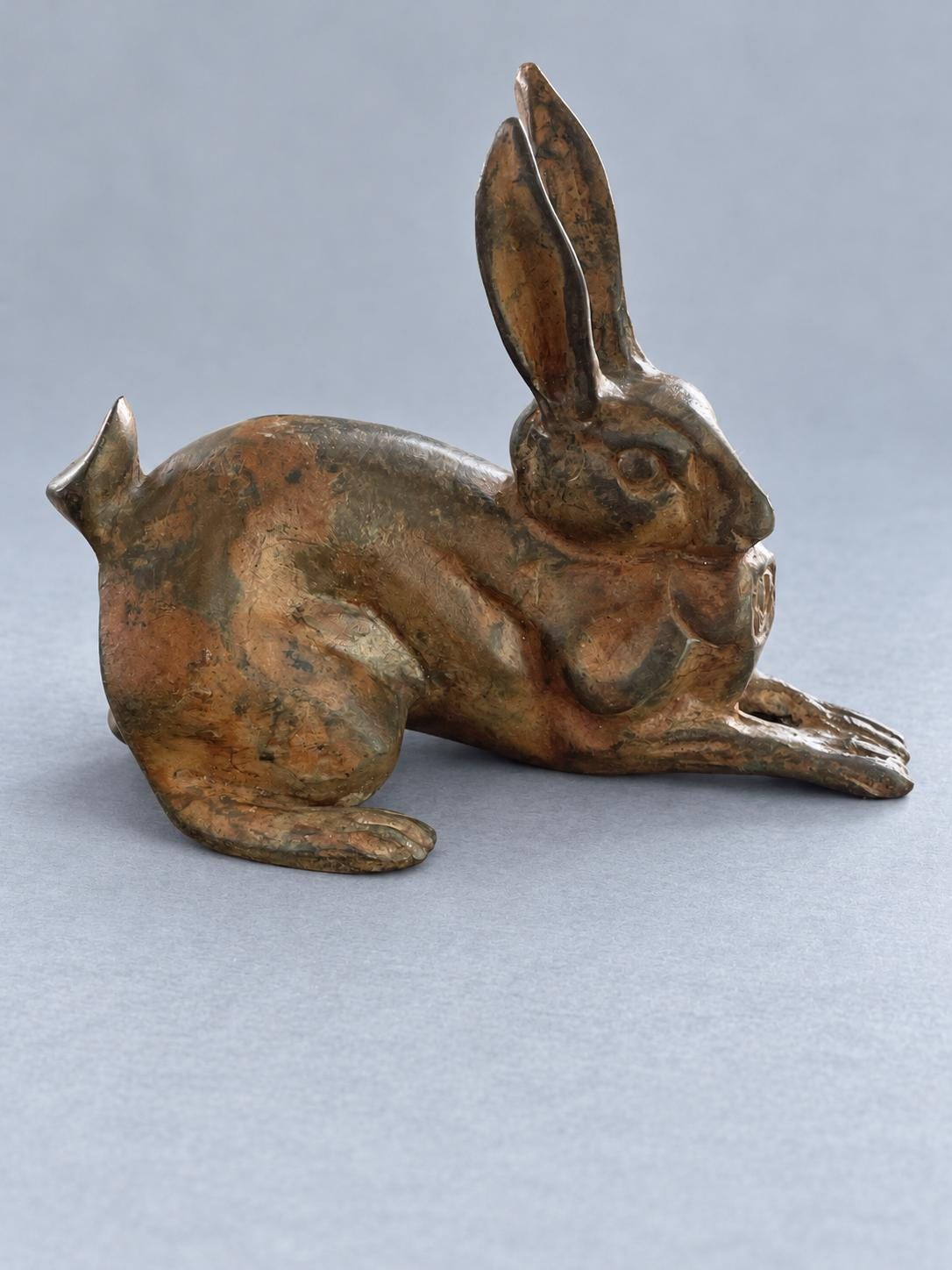 Vintage Crouching Rabbit Sculpture, Patinated Metal with Mottled Brown and Green Patina, Animalier Style, 12 cm