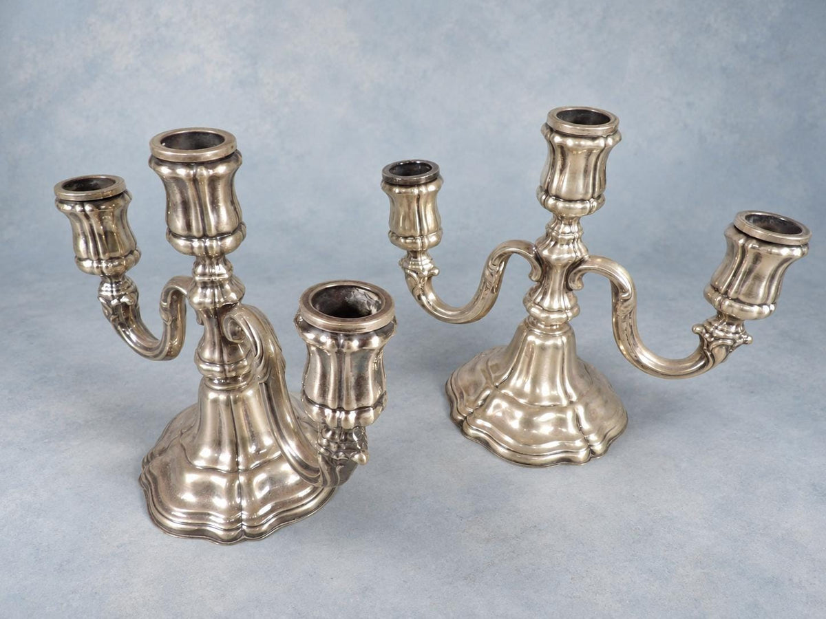 Vintage Pair of Silver-Tone Three-Light Candelabra, Baroque Style Lobed Bases and Scroll Arms, Low Table Height, 19.5 cm