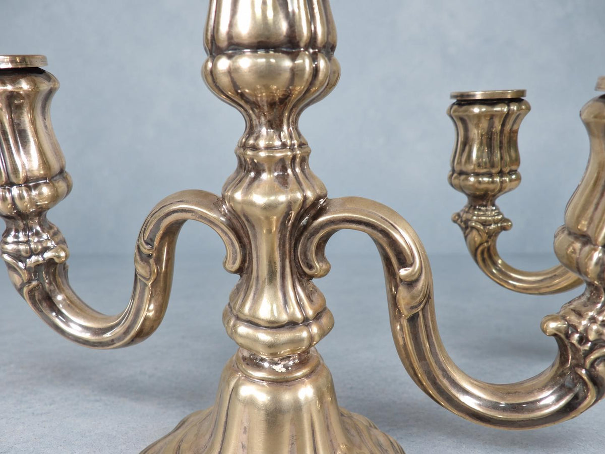 Vintage Pair of Silver-Tone Three-Light Candelabra, Baroque Style Lobed Bases and Scroll Arms, Low Table Height, 19.5 cm