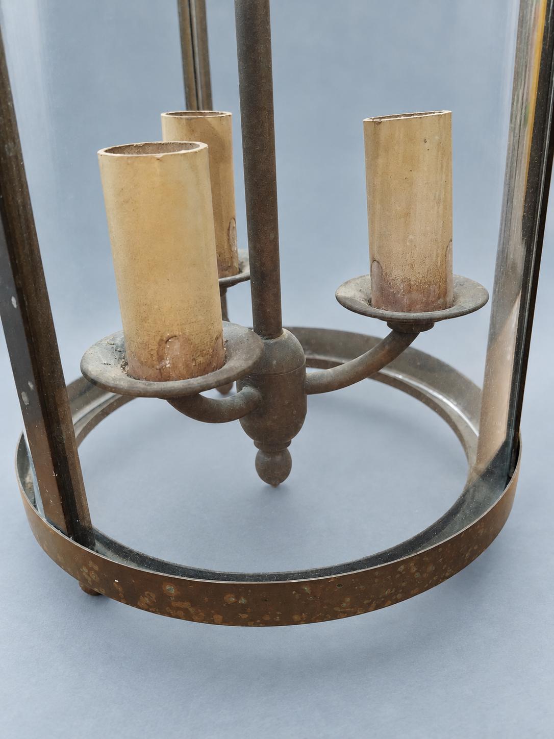 Vintage Directoire Style Brass Hall Lantern, Glass Cylinder Pendant with Three Lights, Chain and Canopy, 62 cm