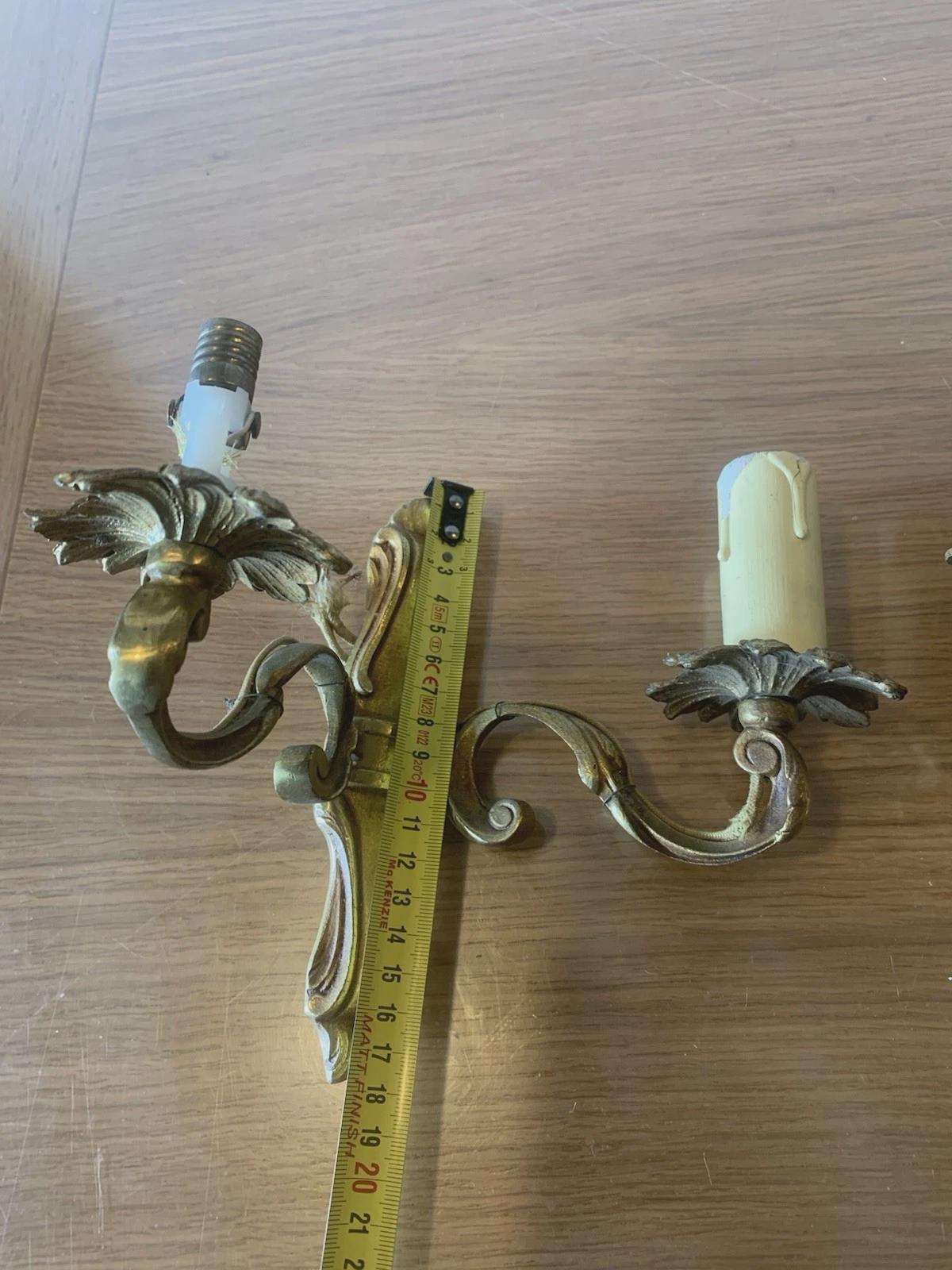 Vintage Pair of Louis XV Style Wall Sconces, Gilt Metal Scrolled Arms with Leafy Bobèches, Two Lights Each