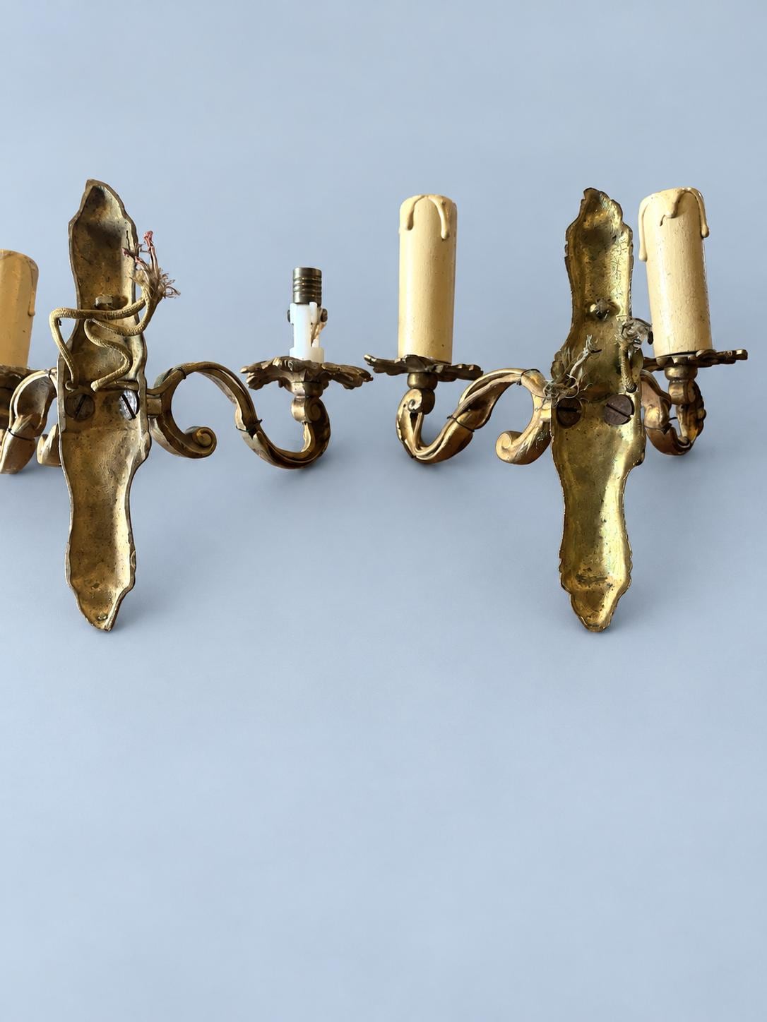 Vintage Pair of Louis XV Style Wall Sconces, Gilt Metal Scrolled Arms with Leafy Bobèches, Two Lights Each