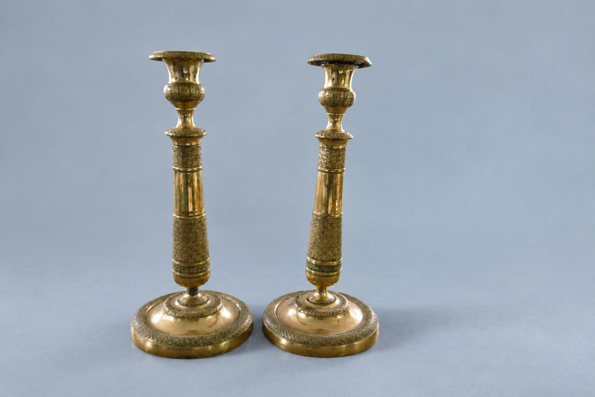 Vintage Pair of Empire Style Column Candlesticks, Attributed 19th Century, Gilt Metal with Foliate Bands and Urn Nozzles, 27.5 cm