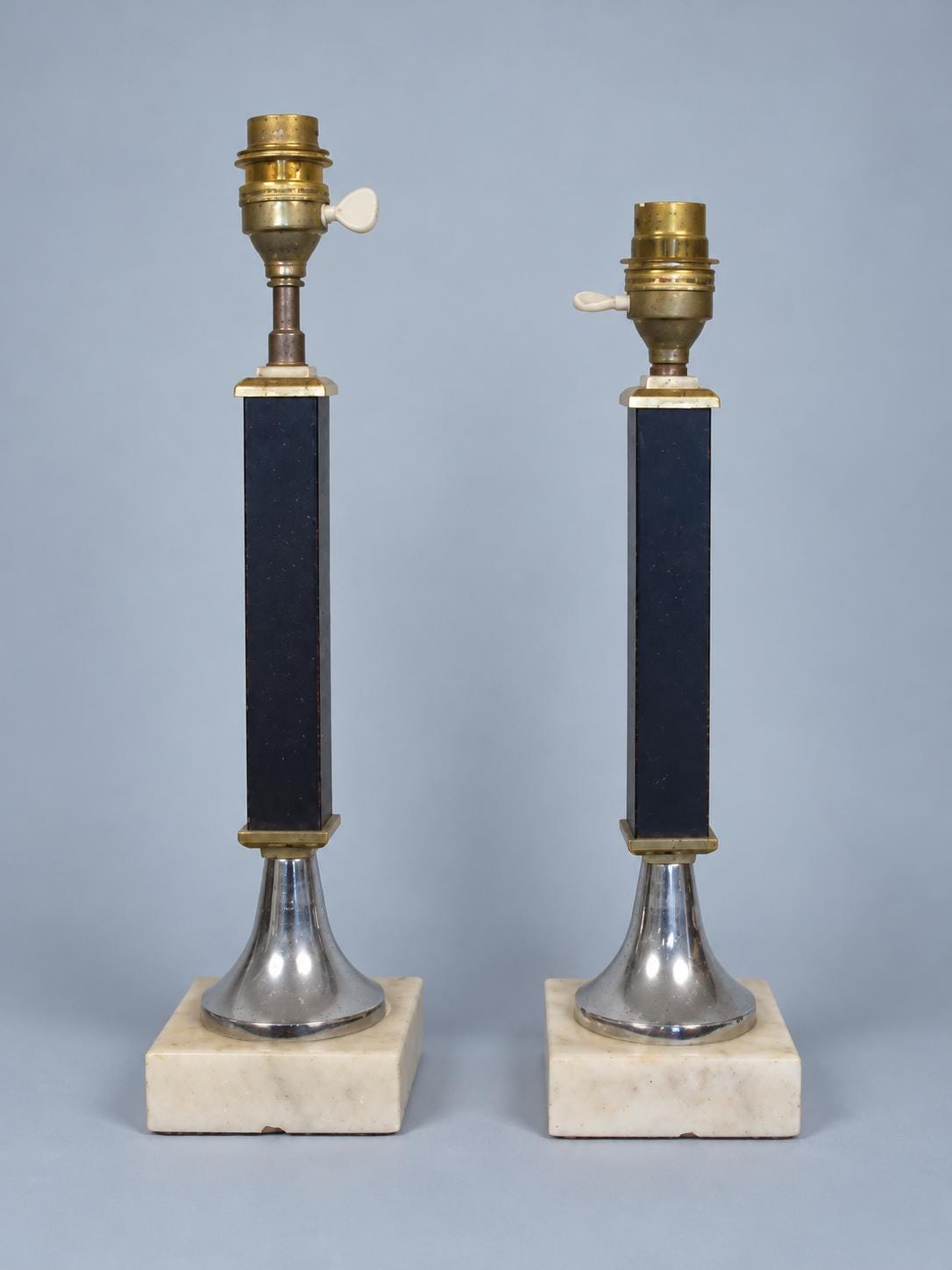 Vintage Pair of Table Lamps, Attributed 1960s–70s, Navy Blue Columns on Chrome and White Marble Bases, Sold Without Shades