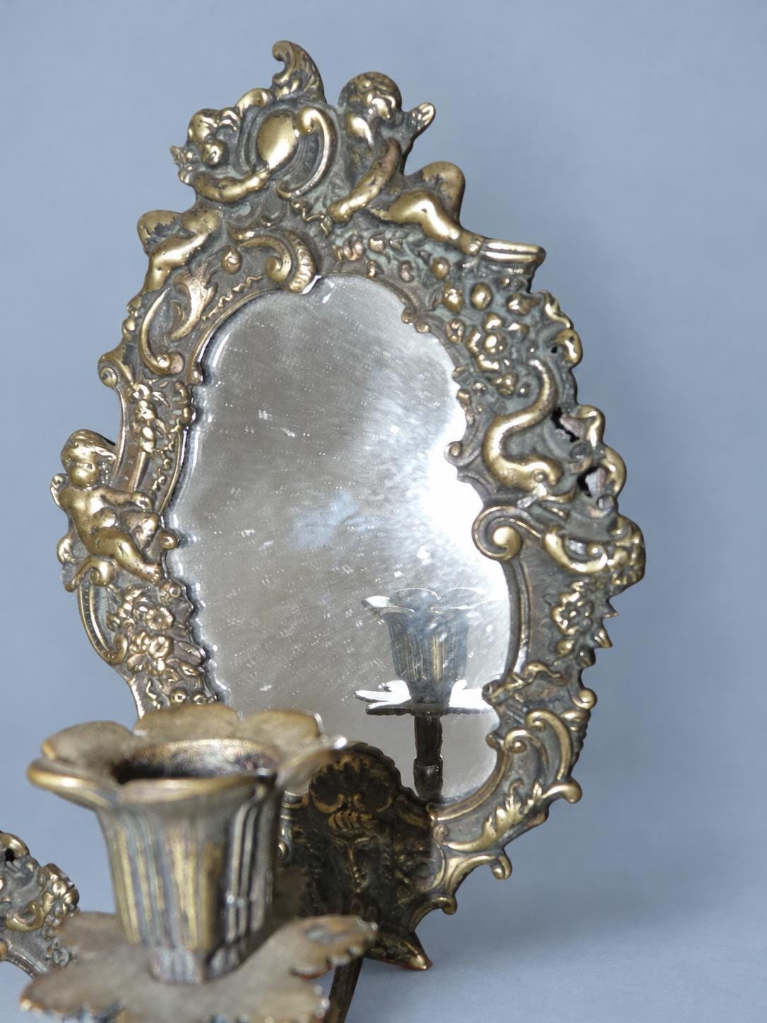 Vintage Pair of Rococo Style Mirror Candle Sconces with Putti, Attributed 19th Century, Patinated Metal, 21 cm