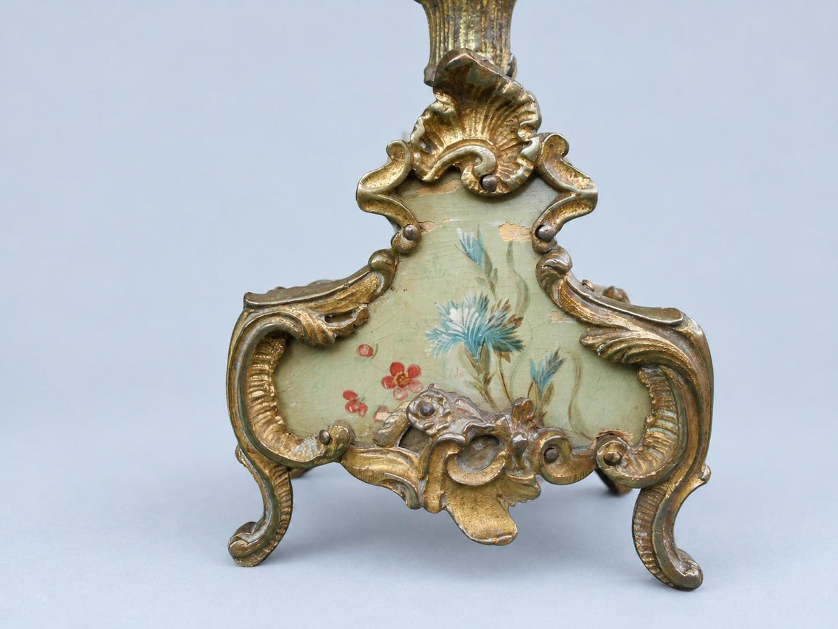 Vintage Pair of Rococo Two-Light Candelabra, Gilt Metal Scrolls on Hand-Painted Floral Bases, Attributed 19th Century, 23.5 cm