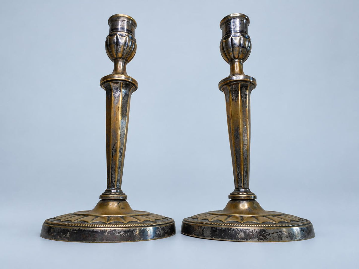 Vintage Pair of Empire Style Candlesticks, Attributed 19th Century, Patinated Metal with Traces of Silvering, Tapered Columns, 21.6 cm