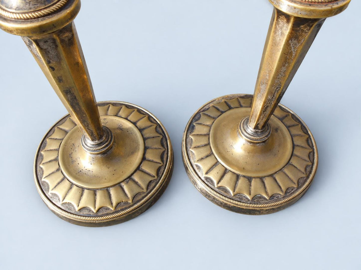 Vintage Pair of Empire Style Candlesticks, Attributed 19th Century, Patinated Metal with Traces of Silvering, Tapered Columns, 21.6 cm