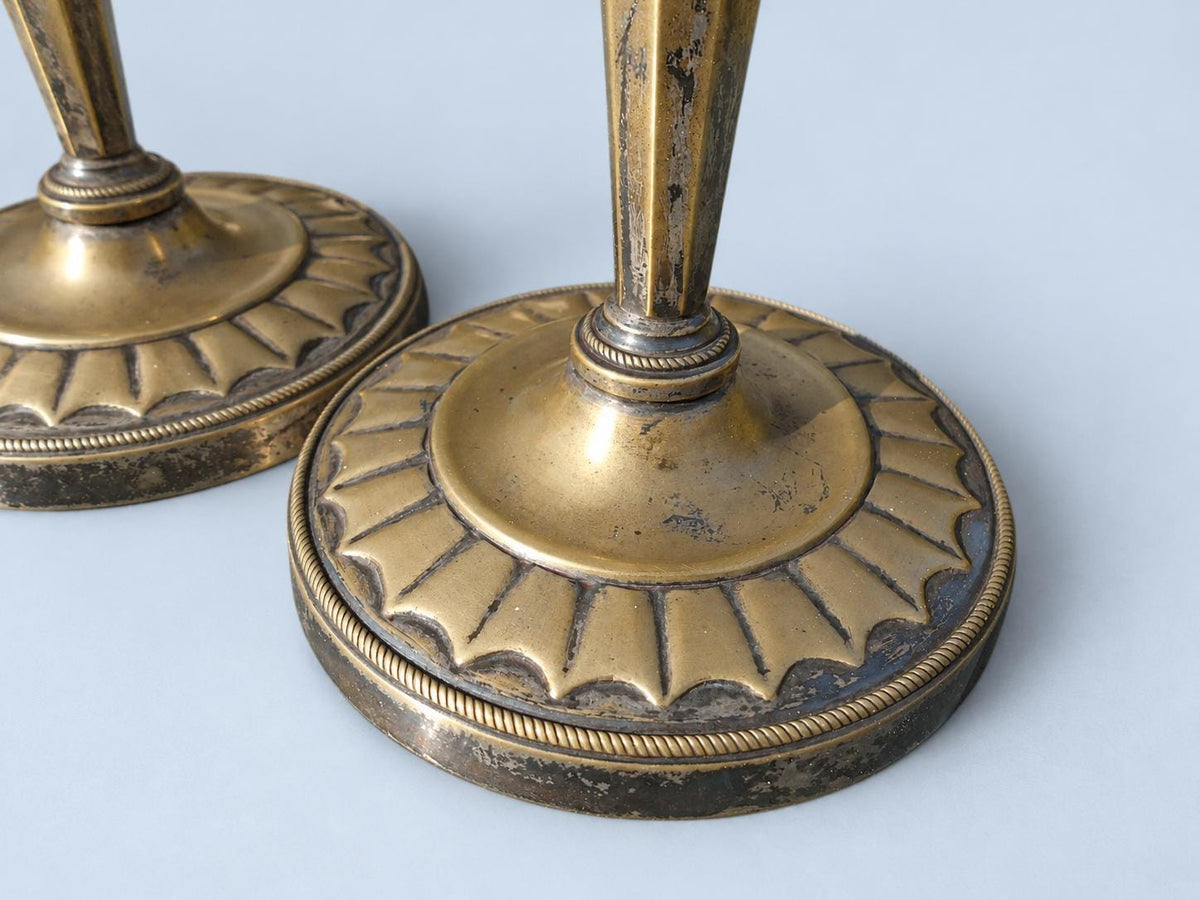 Vintage Pair of Empire Style Candlesticks, Attributed 19th Century, Patinated Metal with Traces of Silvering, Tapered Columns, 21.6 cm