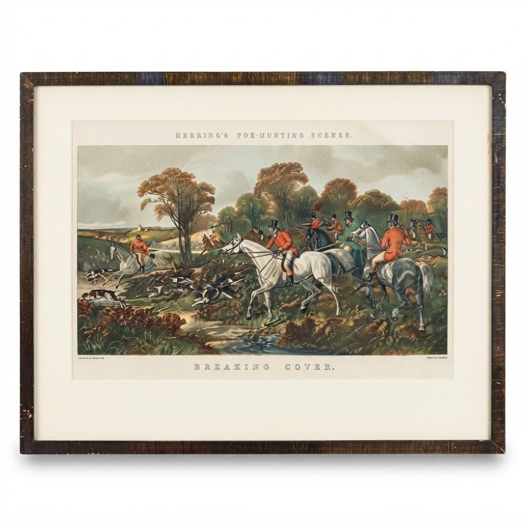 Vintage Breaking Cover Fox-Hunting Print after Herring, Framed Riders and Hounds Scene, Unglazed, 38 × 29 cm