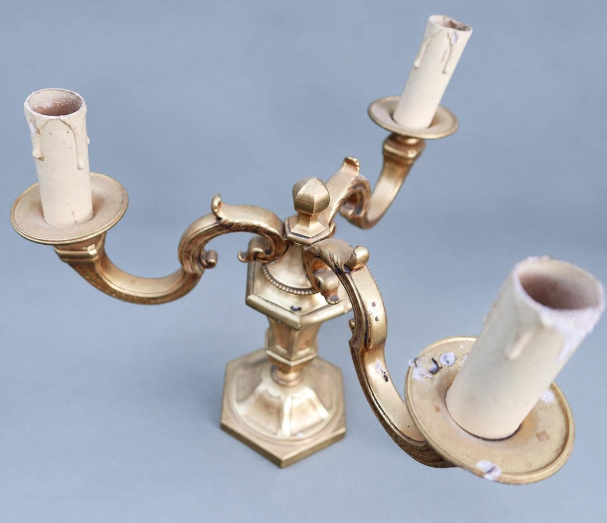 Pair of Vintage French Bronze Three-Light Candelabra Table Lamps, Hexagonal Bases, 1960s–70s, 27.5 cm