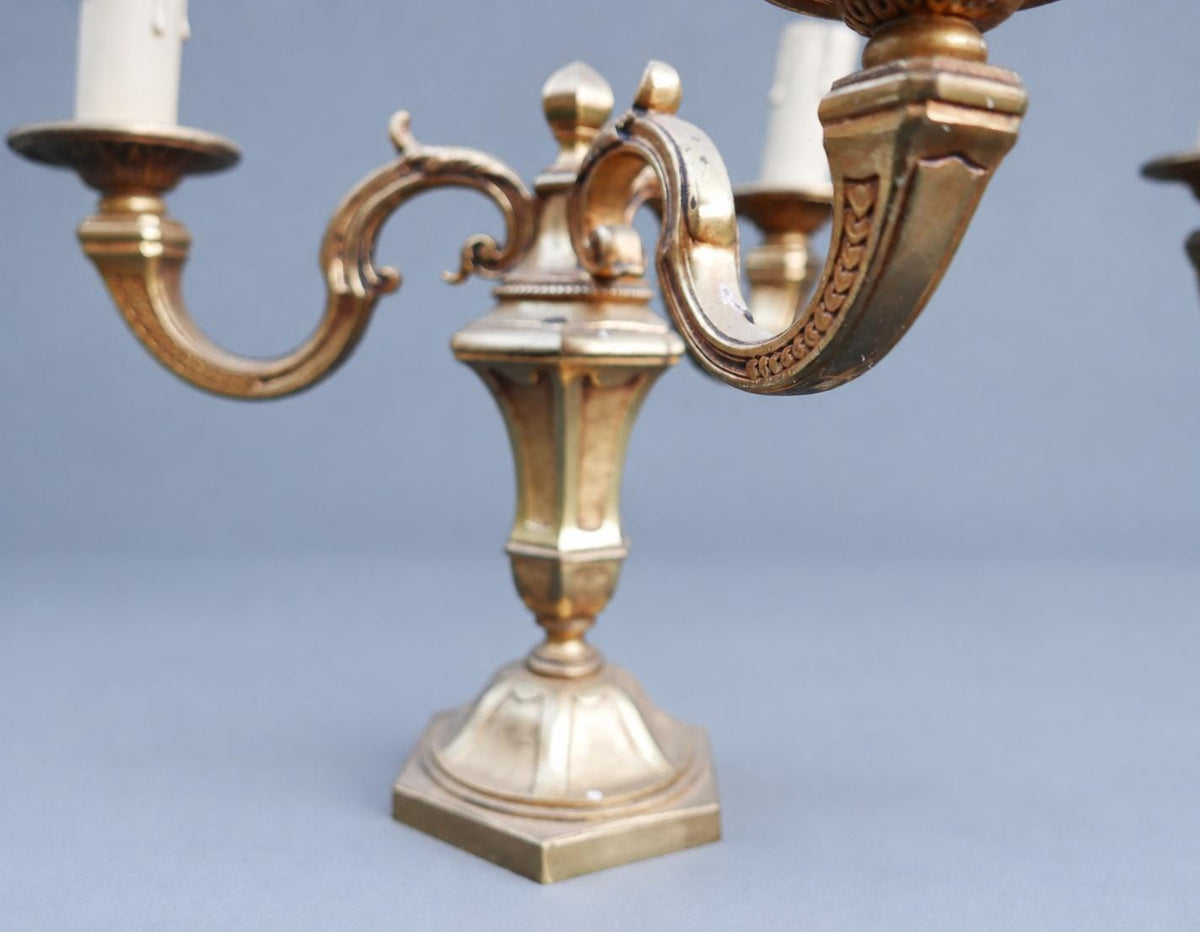 Pair of Vintage French Bronze Three-Light Candelabra Table Lamps, Hexagonal Bases, 1960s–70s, 27.5 cm