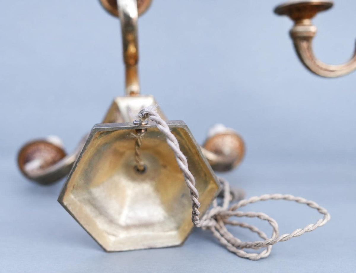 Pair of Vintage French Bronze Three-Light Candelabra Table Lamps, Hexagonal Bases, 1960s–70s, 27.5 cm