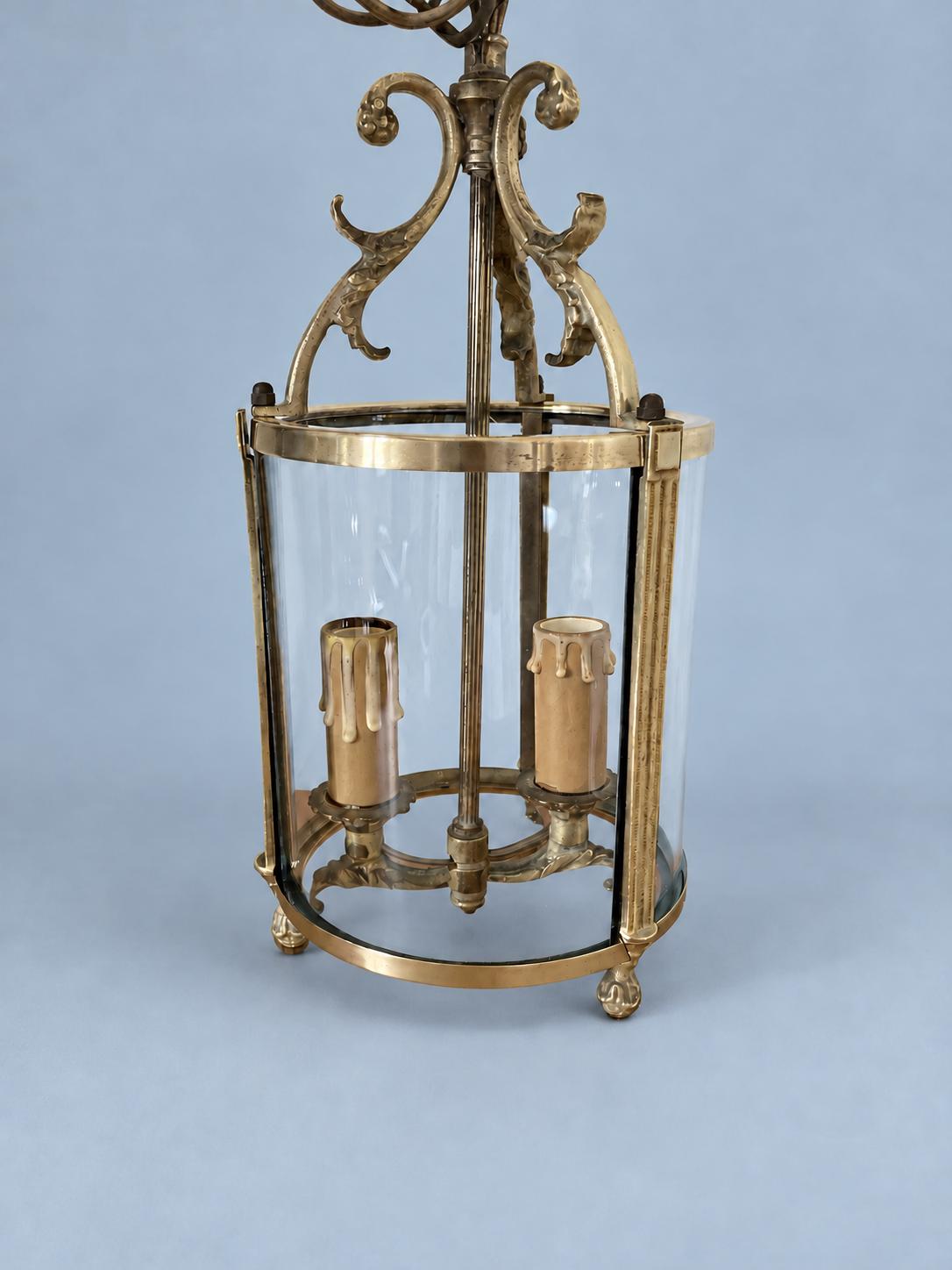Vintage Louis XVI Style Hall Lantern, Gilt Metal with Three Curved Glass Panels, Fluted Uprights and Acanthus Arms, Two Lights, 30 cm
