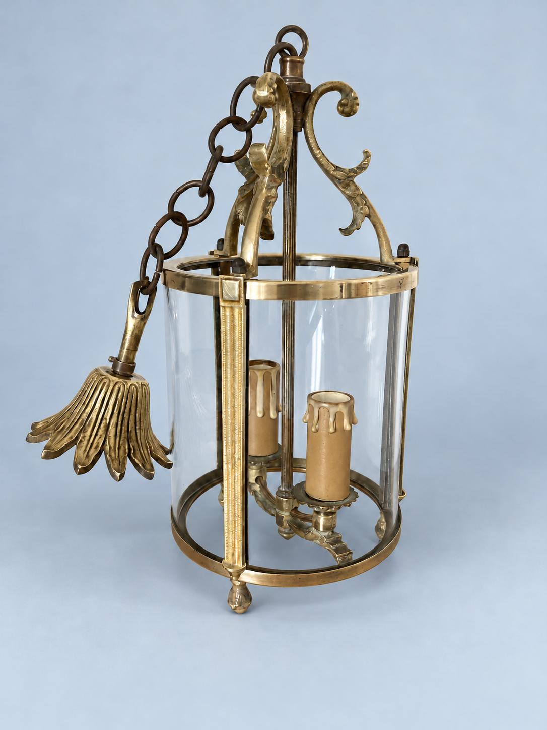 Vintage Louis XVI Style Hall Lantern, Gilt Metal with Three Curved Glass Panels, Fluted Uprights and Acanthus Arms, Two Lights, 30 cm