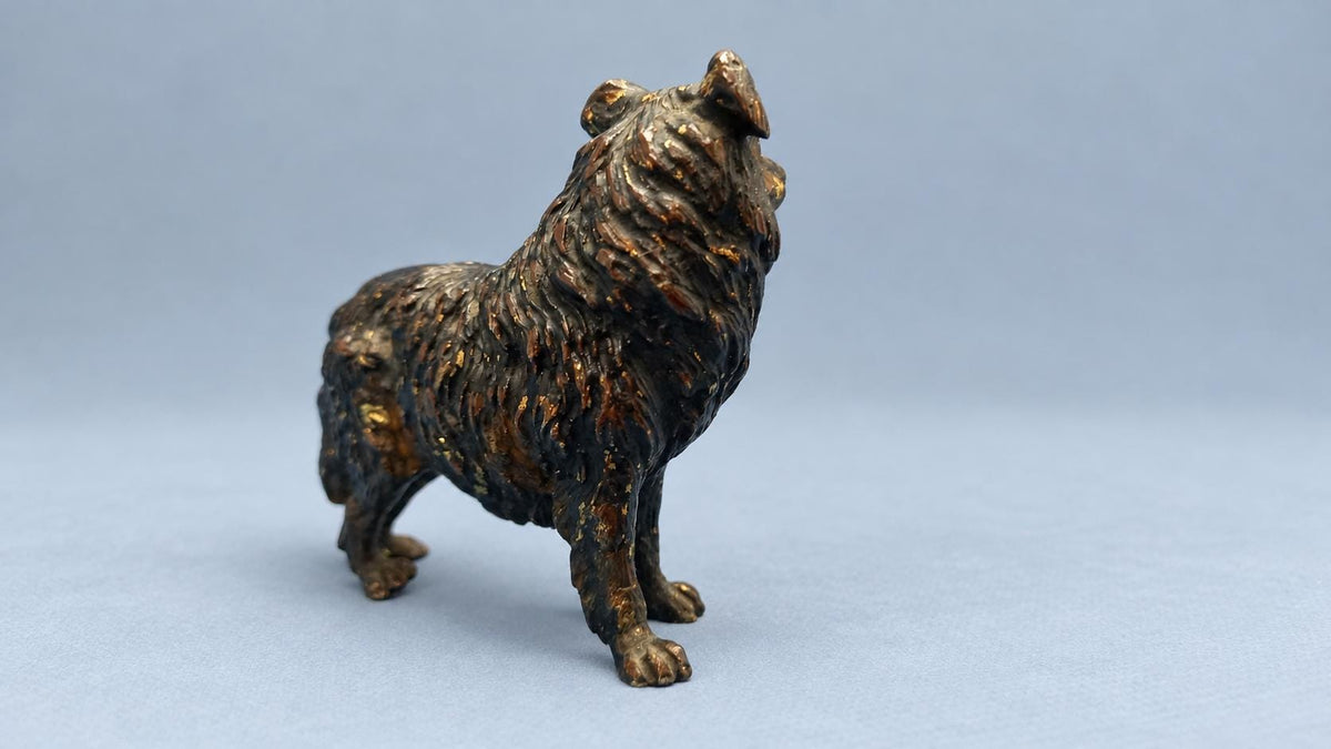Vintage Cold-Painted Metal Dog Figure in the Viennese Tradition, Long-Coated Dog Turning Its Head, Attributed Late 19th–Early 20th Century