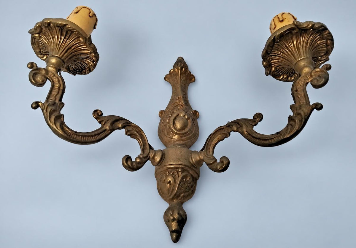 Vintage Pair of Louis XV Style Wall Sconces, Patinated Metal Acanthus Scroll Arms with Cartouche Backplates, Two Lights Each, 29 cm