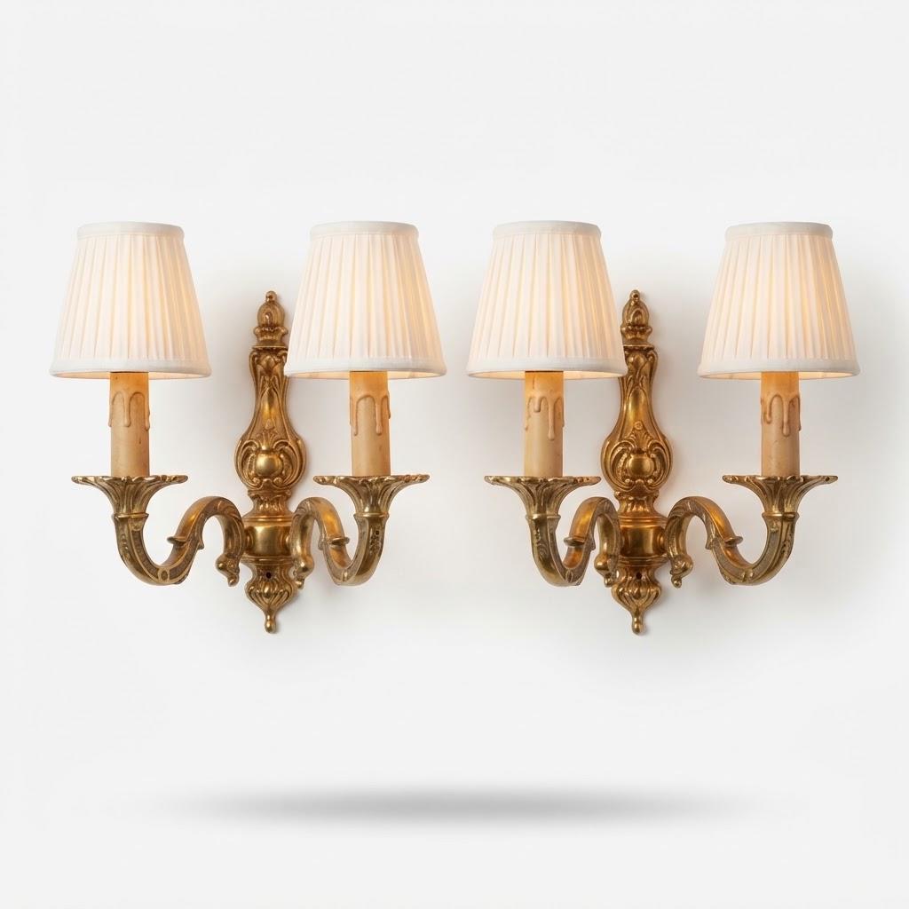 Vintage Pair of Louis XV Rocaille Style Wall Sconces, Attributed Mid-20th Century, Gilt Metal with Two Candle Lights Each, 30 cm
