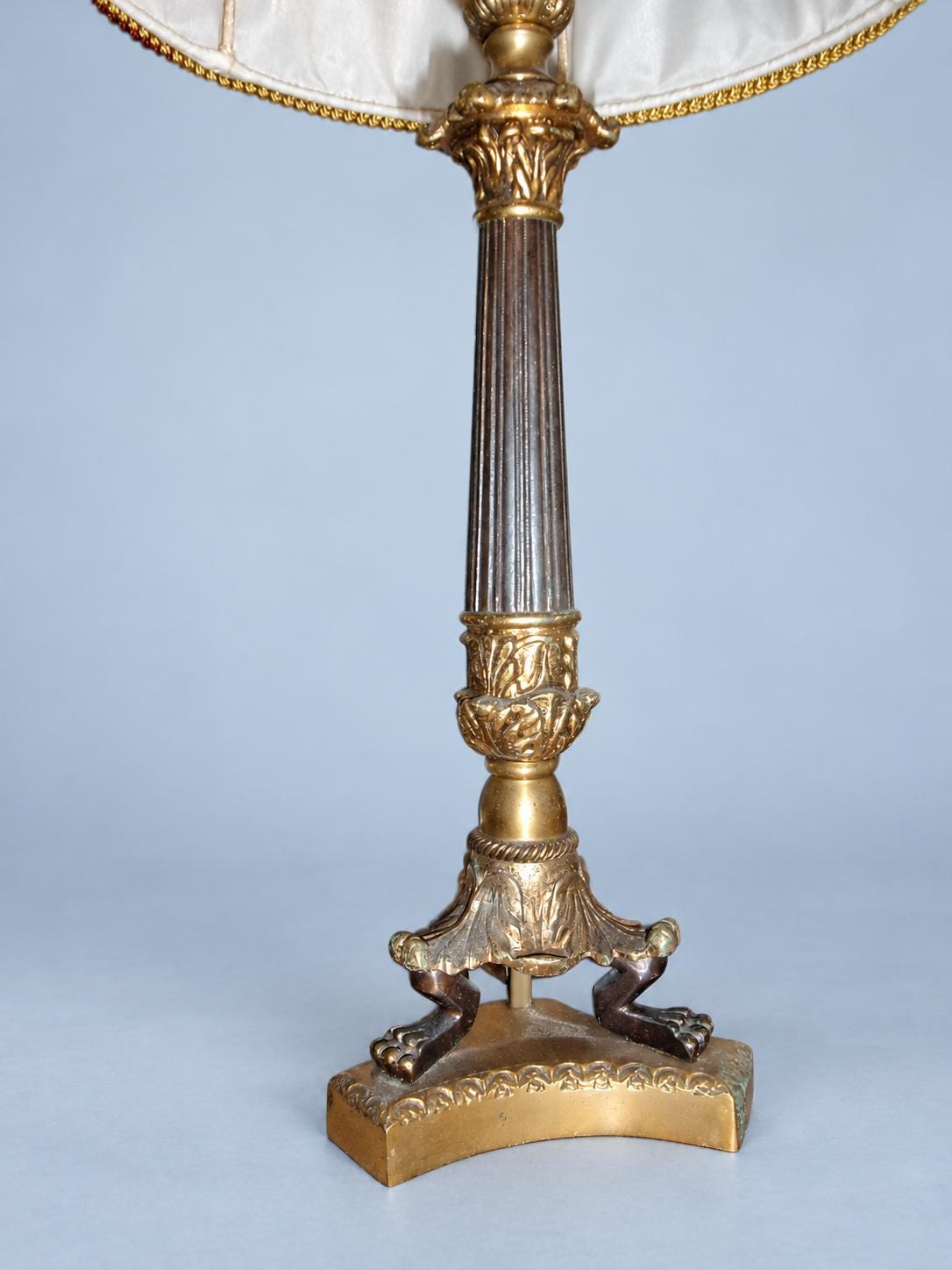 Vintage Pair of Empire Style Column Table Lamps, Dark Patinated and Gilt Metal on Lion Paw Tripod Bases, with Pleated Shades, 35 cm