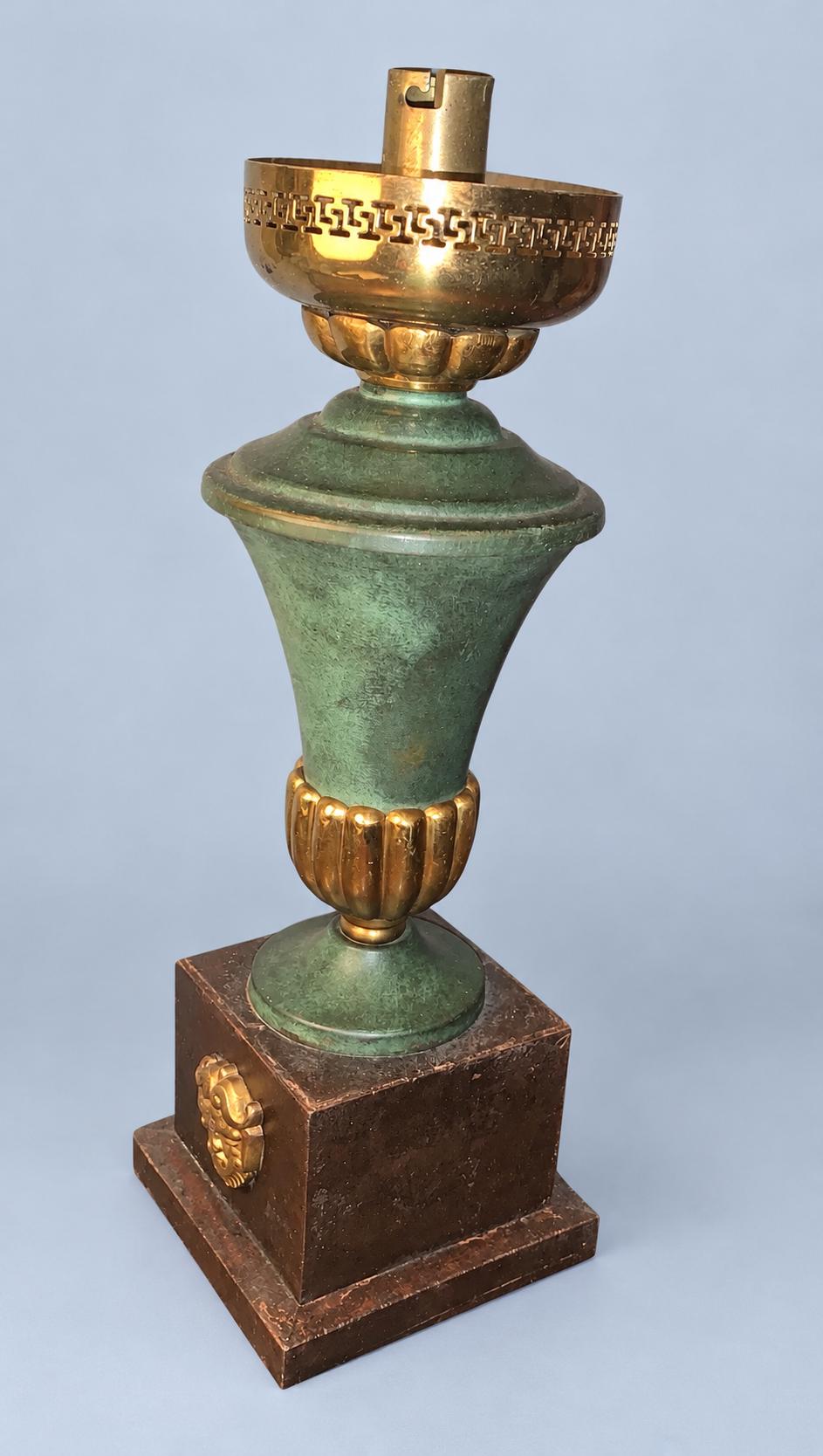 Vintage Empire Style Table Lamp, Attributed 1940s–50s, Green Lacquered Urn with Gilt Gadroons, Greek Key Gallery and Lion Mask Base, 30 cm