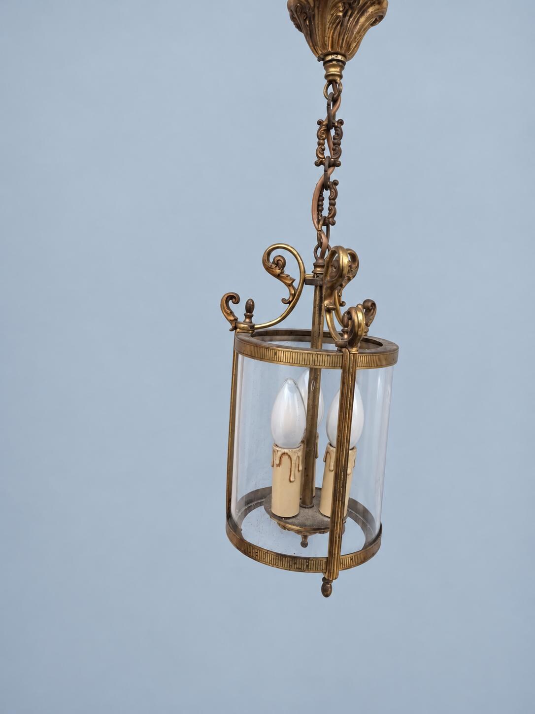 Vintage Hall Lantern, Attributed 1960s–70s, Gilt Metal Cylinder with Curved Glass, Reeded Uprights and Acorn Drops, Two Lights, 30 cm