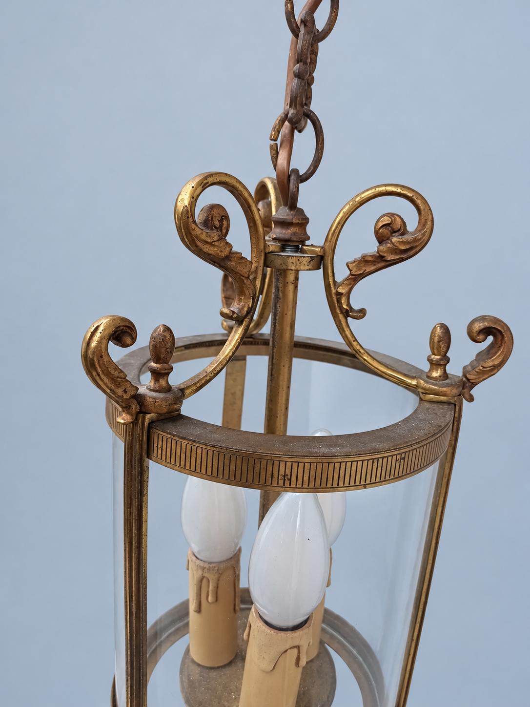 Vintage Hall Lantern, Attributed 1960s–70s, Gilt Metal Cylinder with Curved Glass, Reeded Uprights and Acorn Drops, Two Lights, 30 cm
