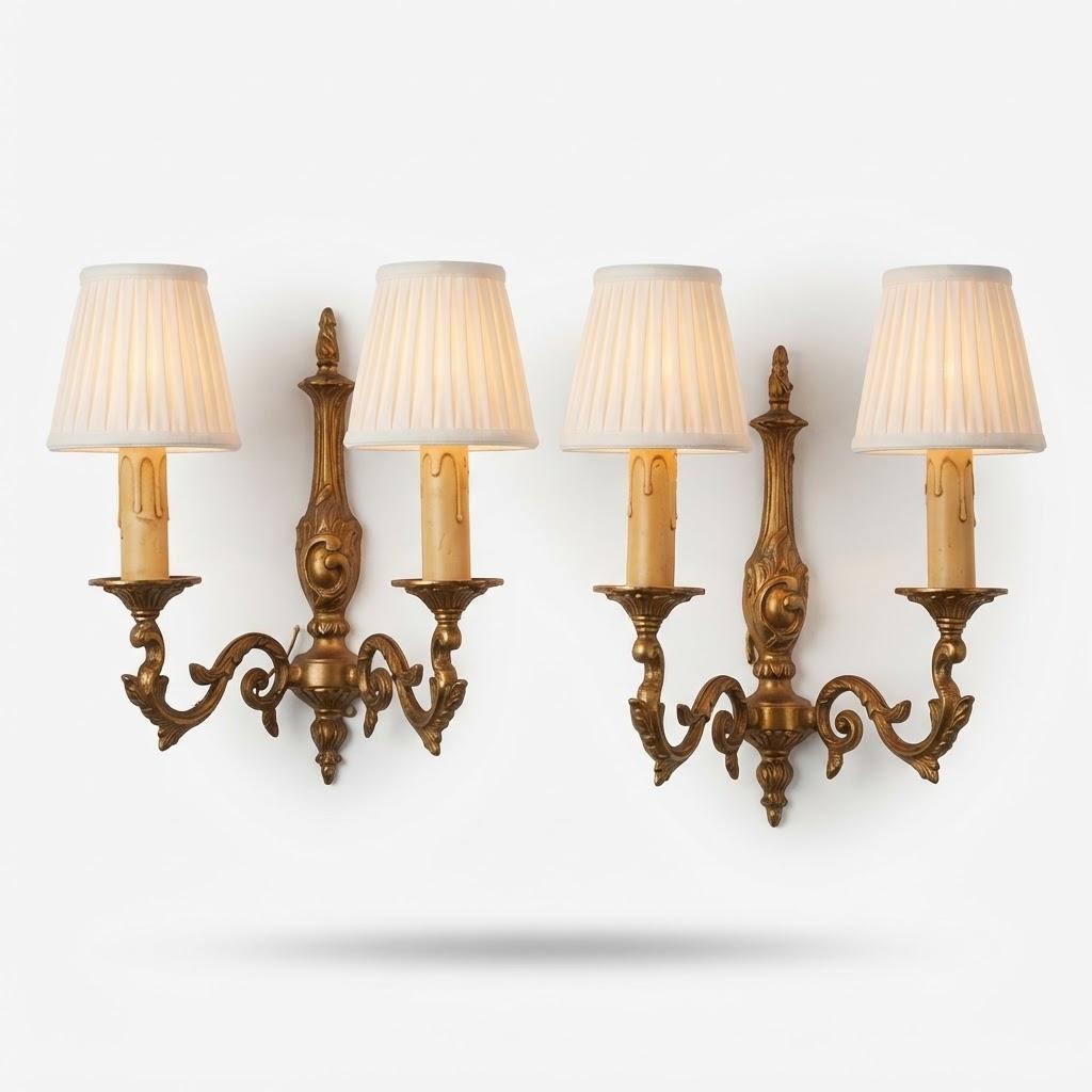 Vintage Pair of Louis XV Style Wall Sconces, Patinated Metal Baluster Body with Flame Finial, Two Candle Lights Each, 31 cm