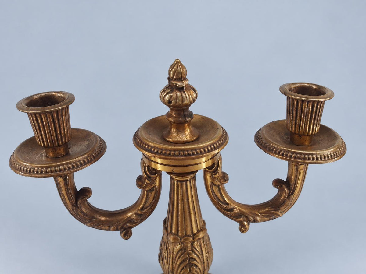 Vintage Pair of Louis XVI Style Two-Light Candelabra, Gold-Tone Metal with Flame Finials and Acanthus Stems, 25 cm