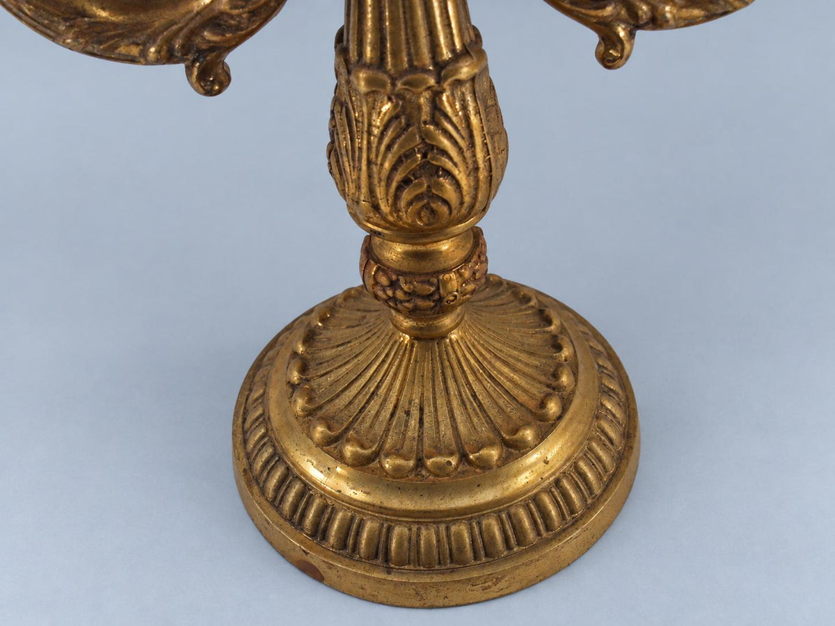 Vintage Pair of Louis XVI Style Two-Light Candelabra, Gold-Tone Metal with Flame Finials and Acanthus Stems, 25 cm
