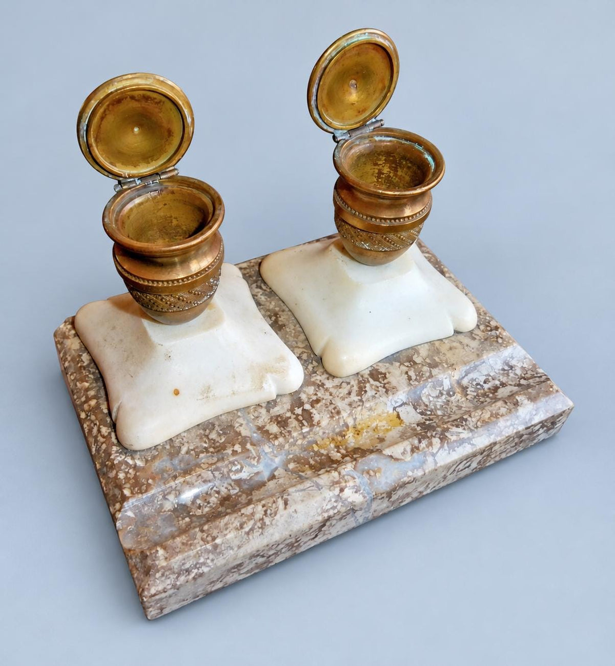 Vintage Empire Style Double Inkstand, Two Gilt Metal Urn Inkwells on Speckled Marble Base, Attributed 19th Century, 14 cm