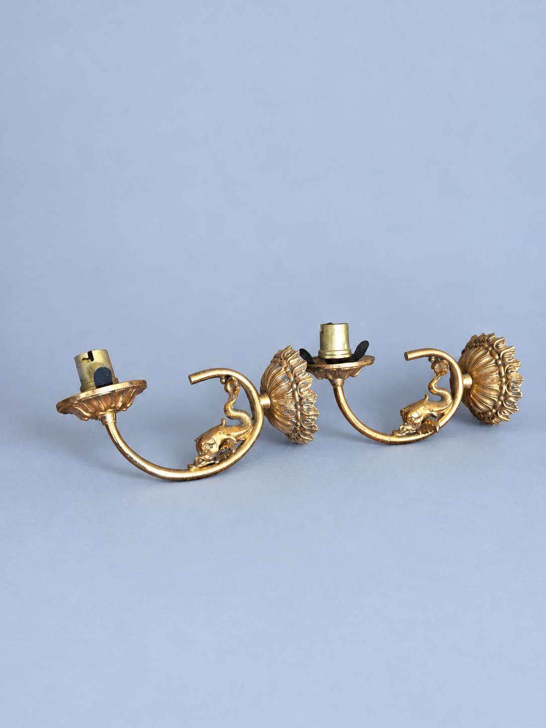 Vintage Pair of Gilt Metal Wall Sconces, Attributed 20th Century, Fluted Rosette Backplates and Leafy Arms, Shade-Holder Prongs