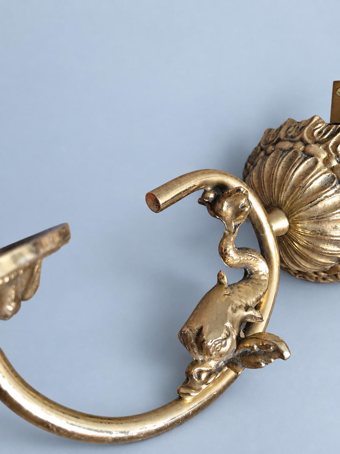 Vintage Pair of Gilt Metal Wall Sconces, Attributed 20th Century, Fluted Rosette Backplates and Leafy Arms, Shade-Holder Prongs