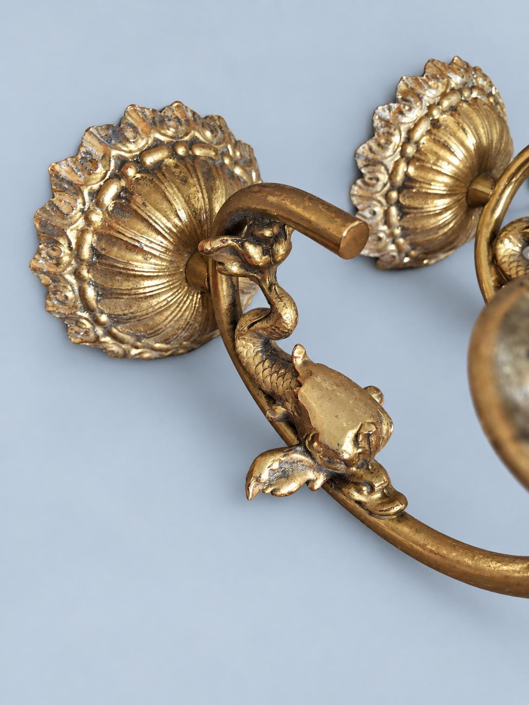 Vintage Pair of Gilt Metal Wall Sconces, Attributed 20th Century, Fluted Rosette Backplates and Leafy Arms, Shade-Holder Prongs
