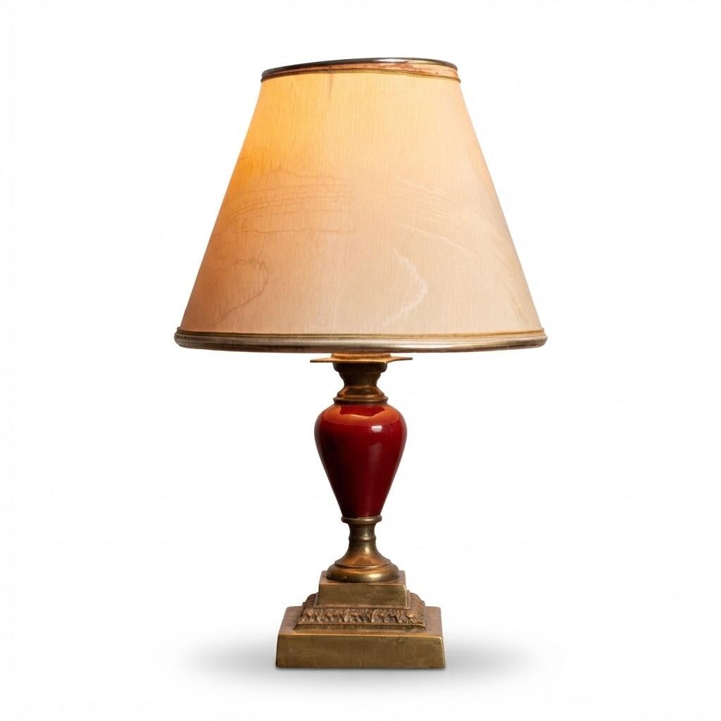 Vintage Small Table Lamp, Oxblood Red Ceramic Urn on Brass Base with Cream Moiré-Effect Shade, Bedside Lamp, 30 cm