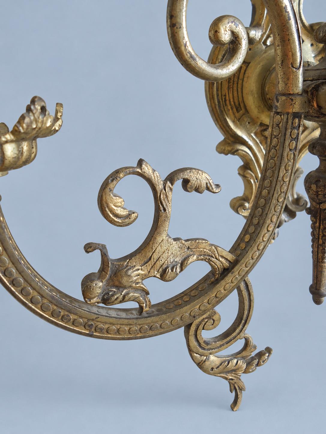 Vintage Pair of Three-Light Wall Sconces, Attributed Late 19th–Early 20th Century, Gilt Metal Beaded Arms with Chimera Brackets, 31 cm