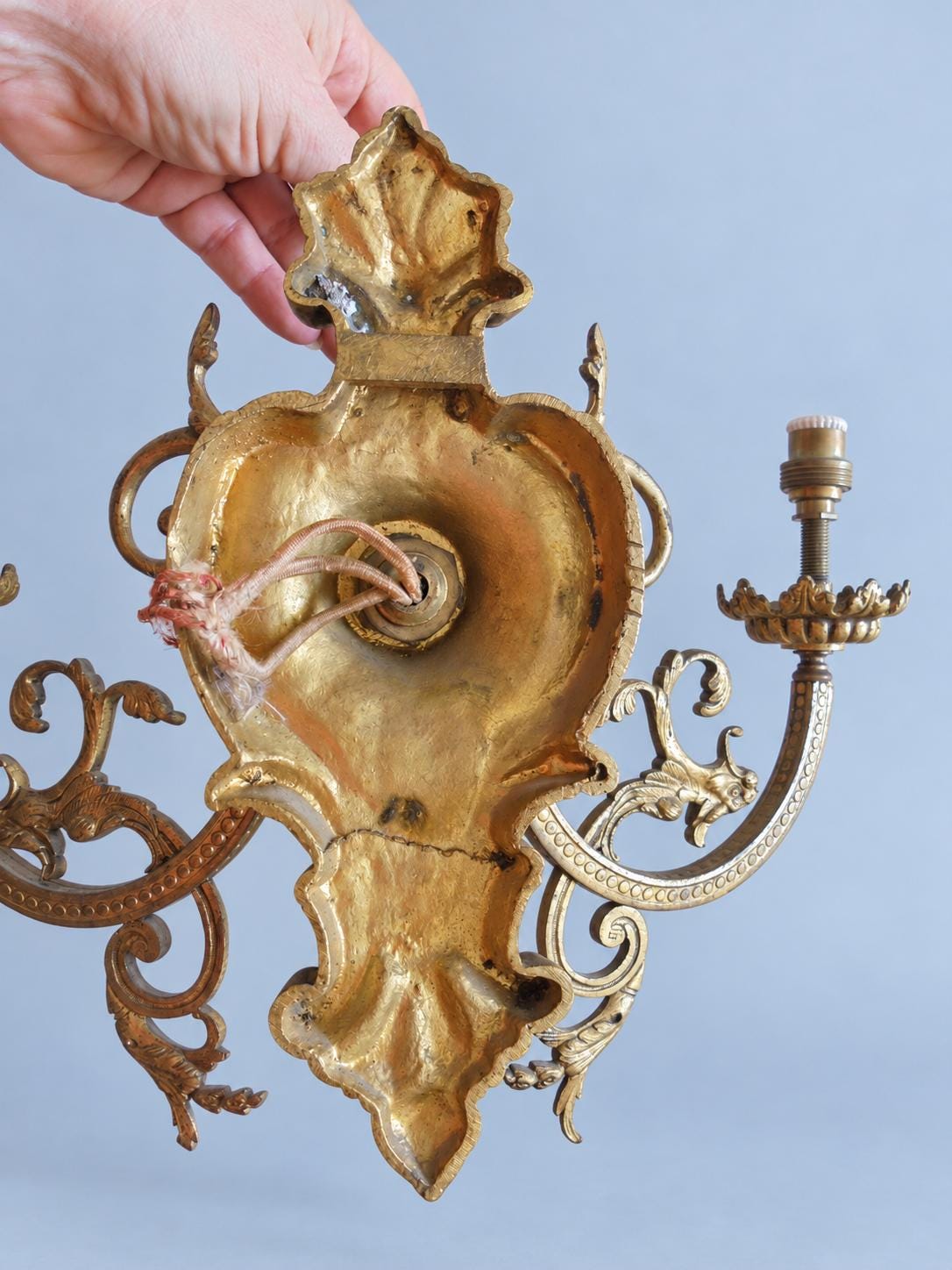 Vintage Pair of Three-Light Wall Sconces, Attributed Late 19th–Early 20th Century, Gilt Metal Beaded Arms with Chimera Brackets, 31 cm