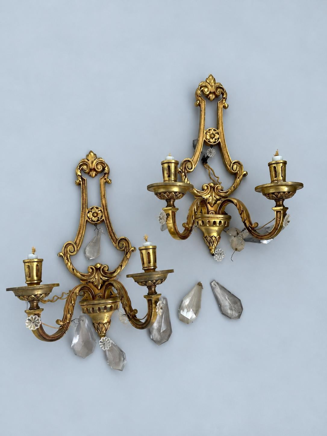 Vintage Pair of Louis XVI Style Lyre Wall Sconces, Gilt Metal with Faceted Glass Drops, Two Lights Each, 45 cm