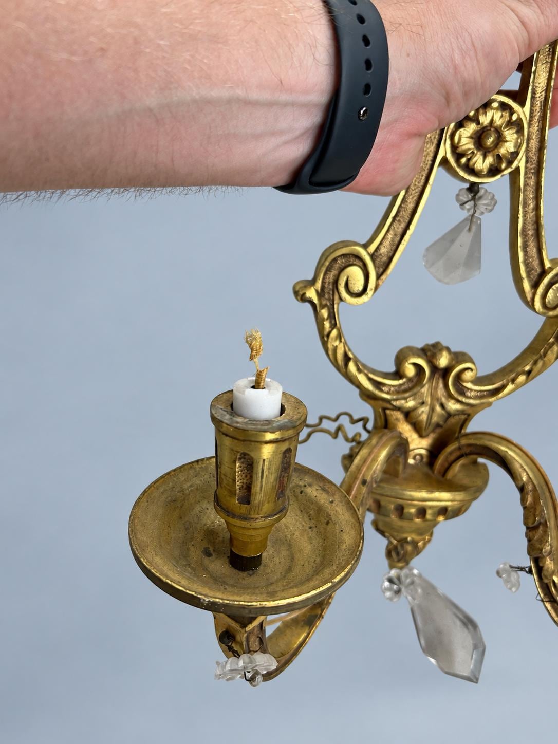 Vintage Pair of Louis XVI Style Lyre Wall Sconces, Gilt Metal with Faceted Glass Drops, Two Lights Each, 45 cm