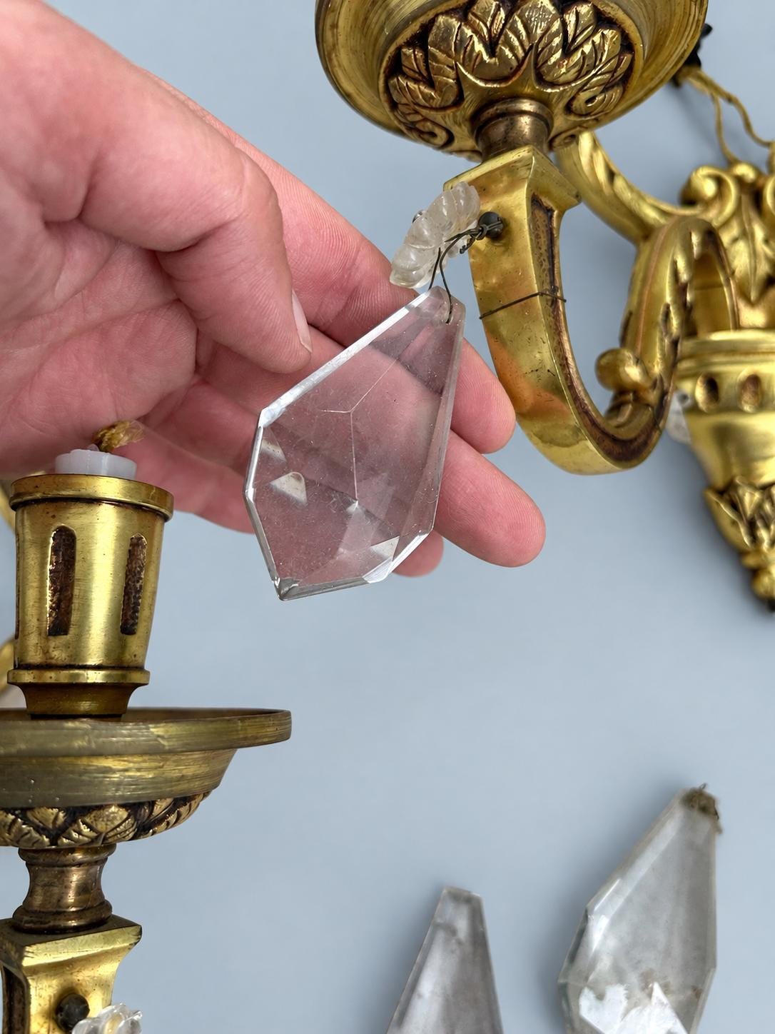 Vintage Pair of Louis XVI Style Lyre Wall Sconces, Gilt Metal with Faceted Glass Drops, Two Lights Each, 45 cm