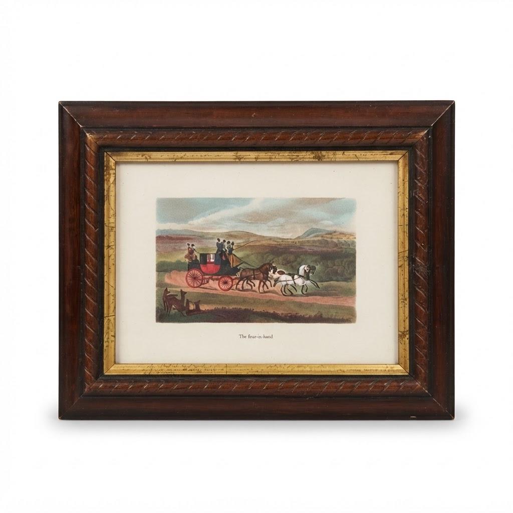 Small Framed English Coaching Print, Four-Horse Coach on a Country Road, Wood Frame with Gilt Slip, 24 × 19 cm
