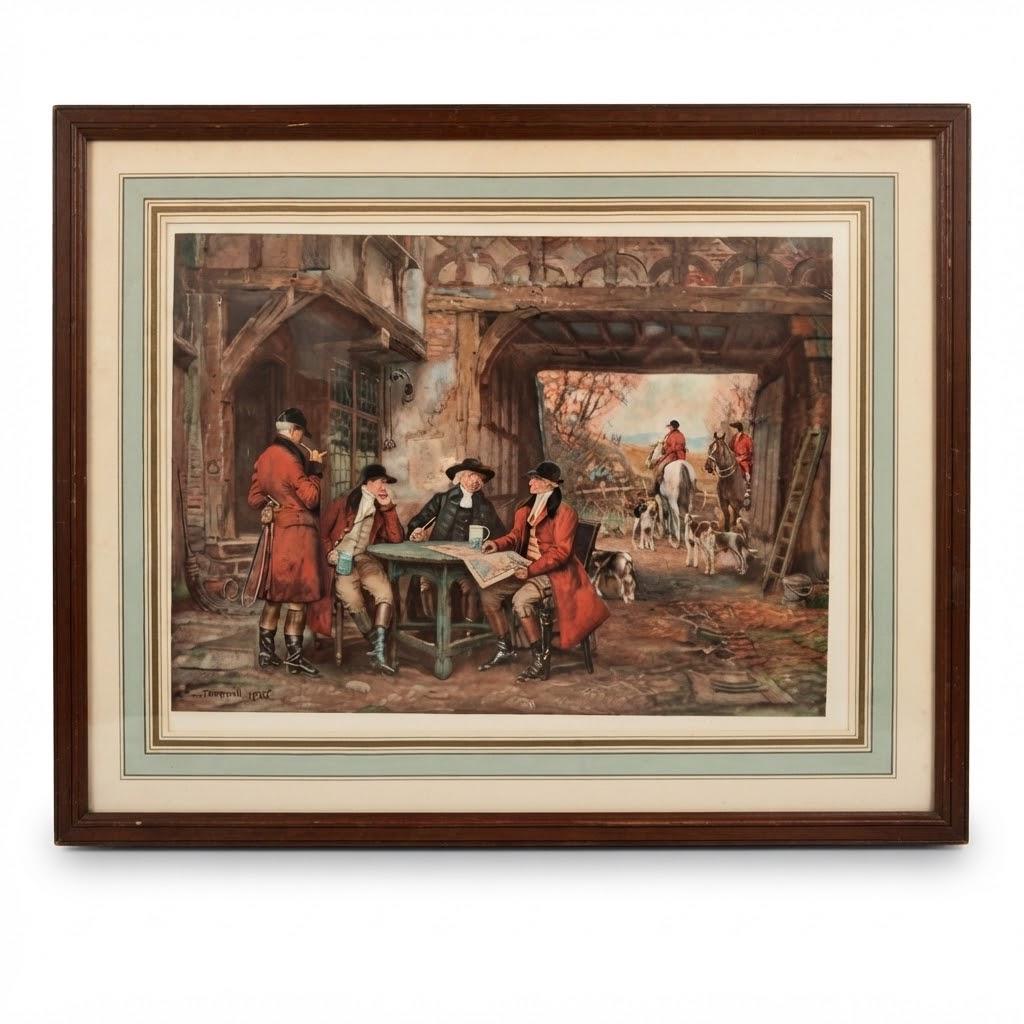 Framed English Hunting Scene Print, Huntsmen in Red Coats Gathered at a Country Inn with Hounds, Wood Frame, 51 × 41 cm