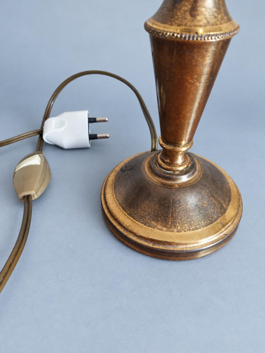 Vintage Pair of Small Brass Candlestick Table Lamps, Attributed 1930s–50s, Two-Tone Gold and Brown Patina, Sold Without Shades, 17 cm