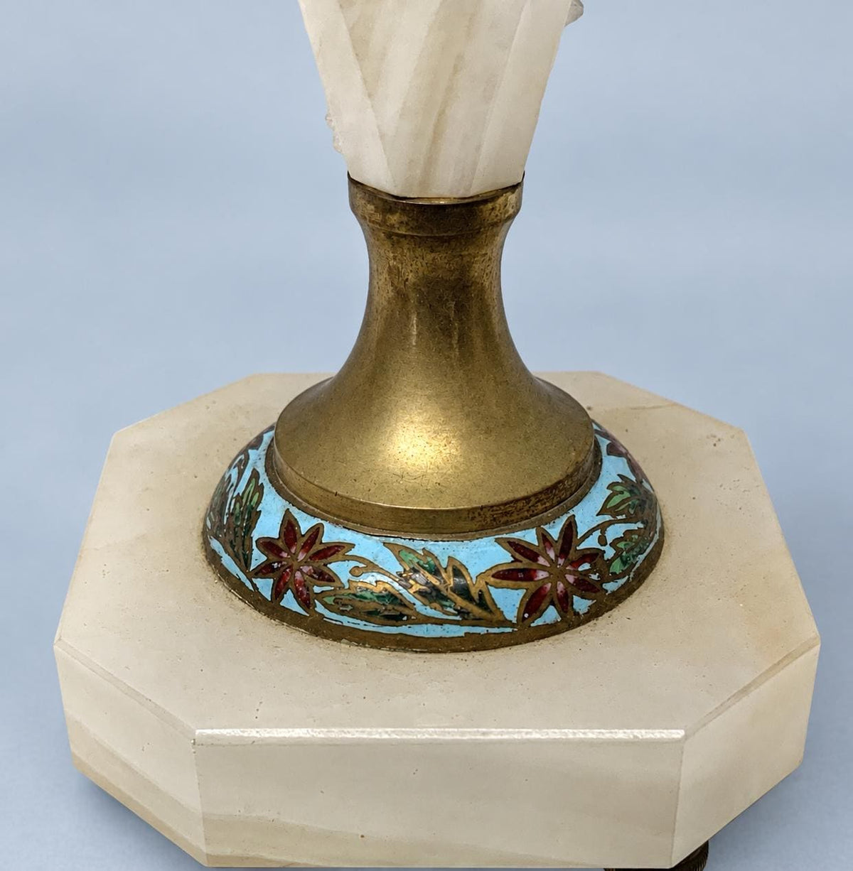 Vintage Pair of Cassolettes, White Banded Stone Urns with Enamel Medallions and Gilt Metal Mounts, Attributed 19th Century, 29 cm