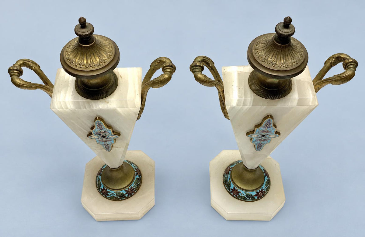 Vintage Pair of Cassolettes, White Banded Stone Urns with Enamel Medallions and Gilt Metal Mounts, Attributed 19th Century, 29 cm