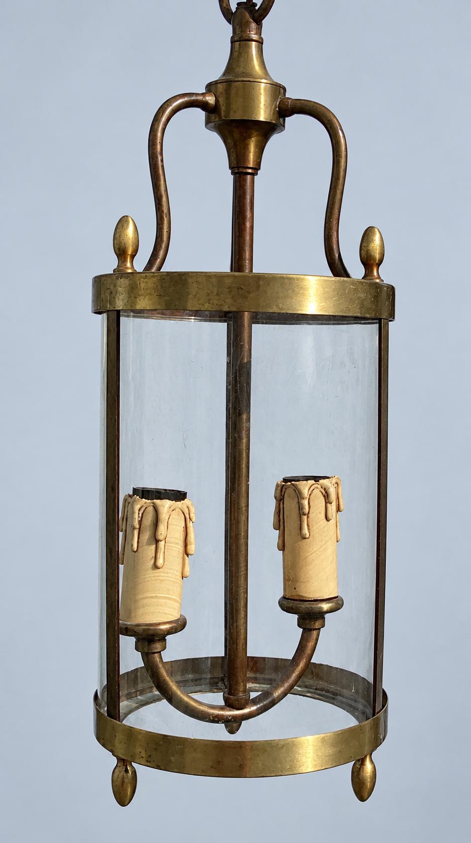 Vintage Round Brass Hall Lantern with Curved Glass, Acorn Finials and Bun Feet, Two Lights, 65 cm