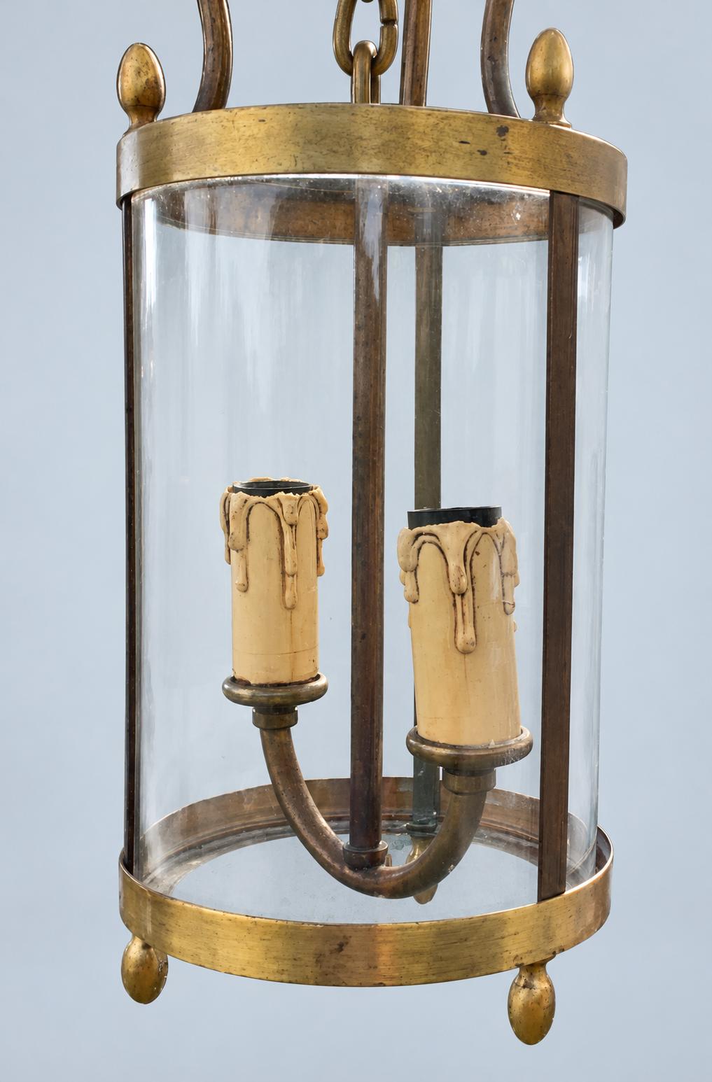 Vintage Round Brass Hall Lantern with Curved Glass, Acorn Finials and Bun Feet, Two Lights, 65 cm
