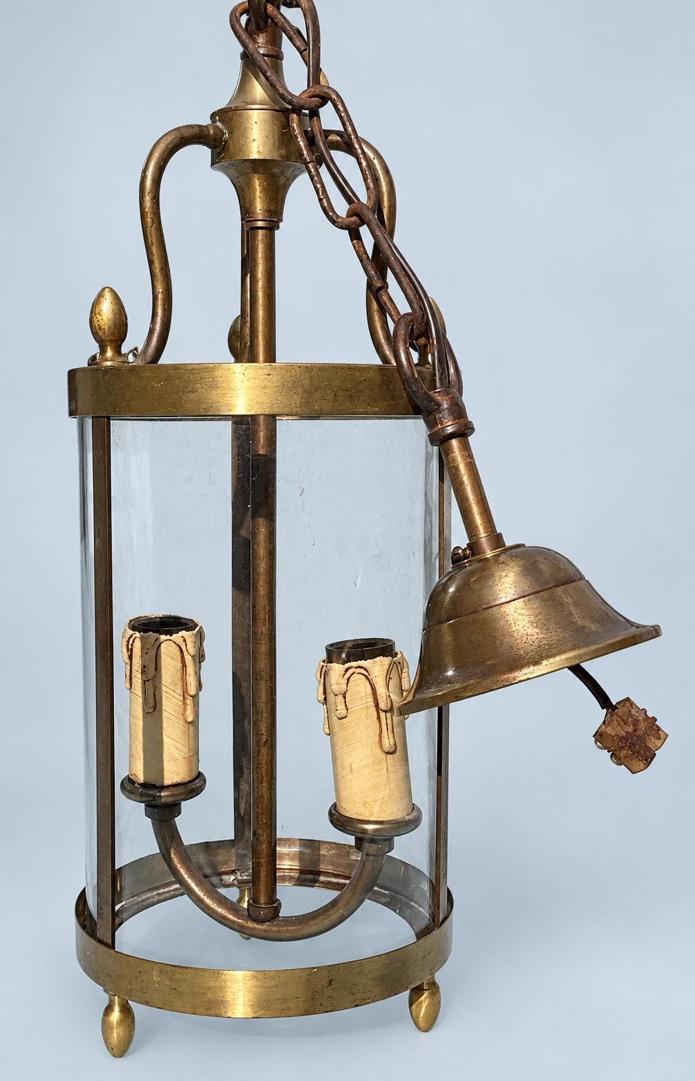 Vintage Round Brass Hall Lantern with Curved Glass, Acorn Finials and Bun Feet, Two Lights, 65 cm